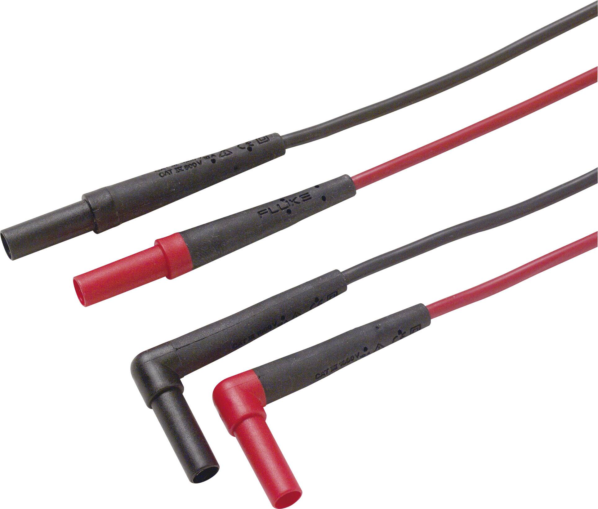 Two pairs of test leads in red and black with angled plugs, commonly used in electrical or electronic applications.