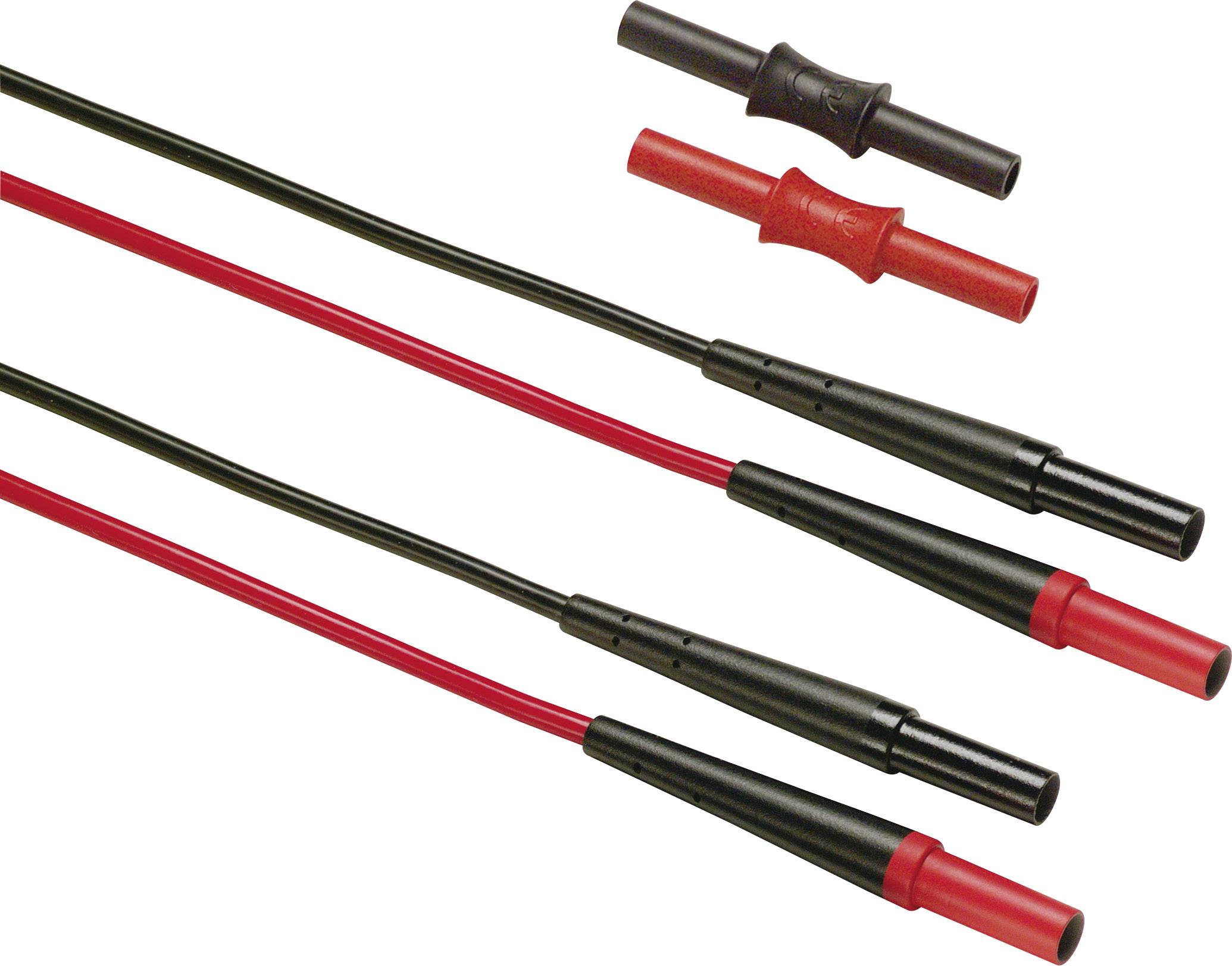 Two measuring leads, one black and one red, with plug connections. They are used in electrical measuring instruments.