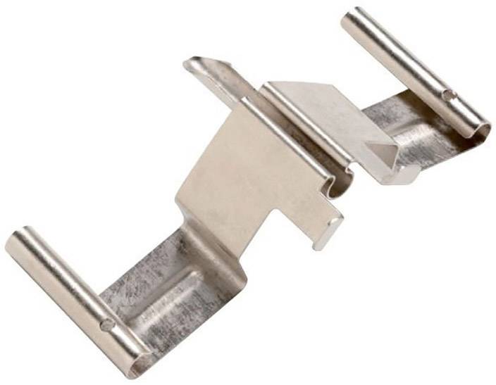 Metallic angular connector with multiple bends and recesses, likely used for connecting structural elements.