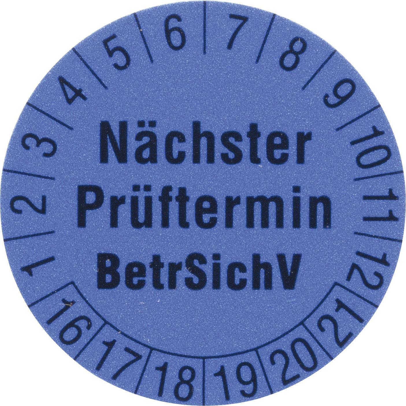 Blue circle with the inscription 'Next Inspection Date Occupational Safety Ordinance', surrounded by numbers 1 to 12, representing months.