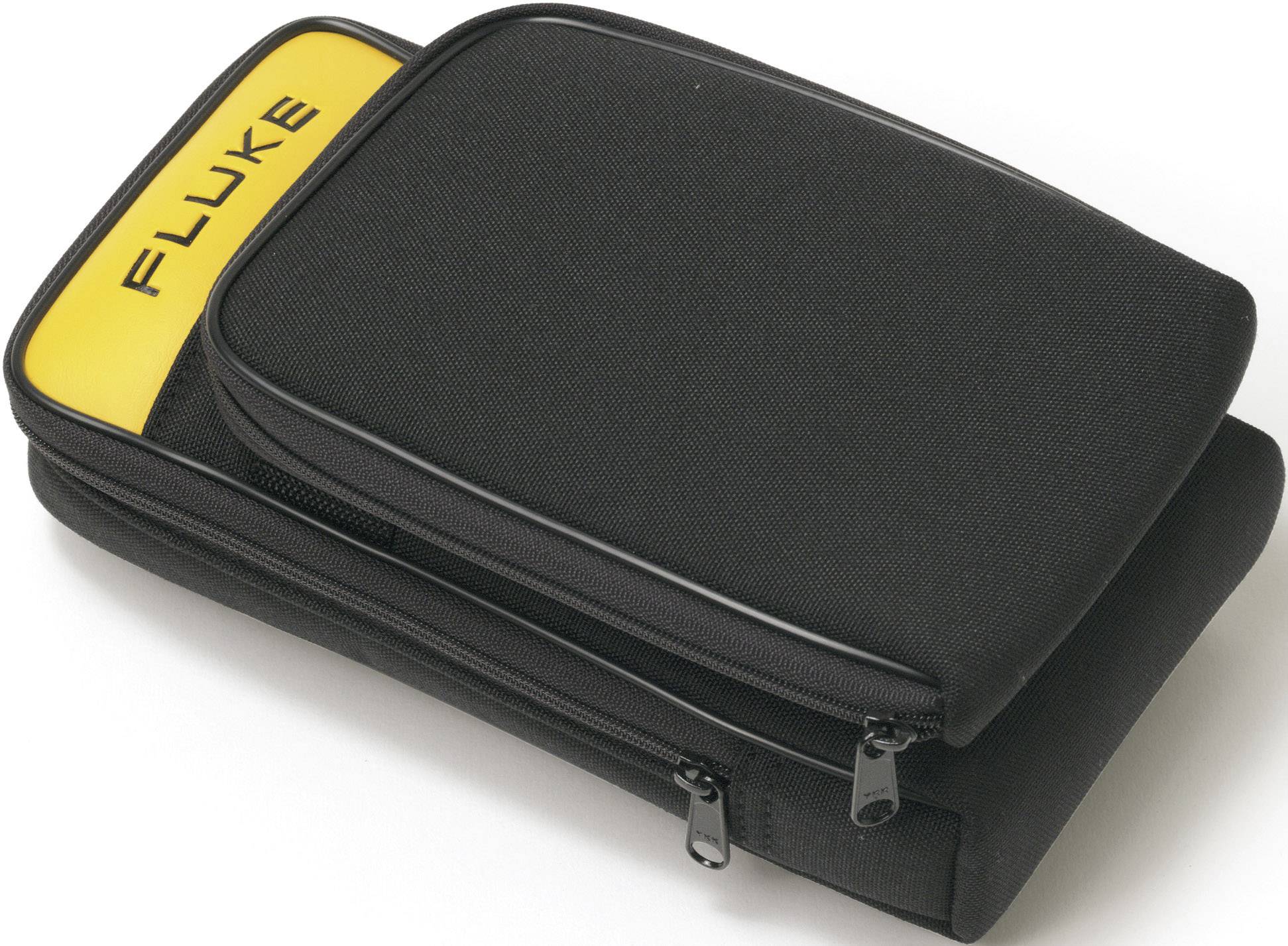 Black carry bag with two zips and a yellow section at the top featuring the 'FLUKE' logo. Suitable for electronic devices.
