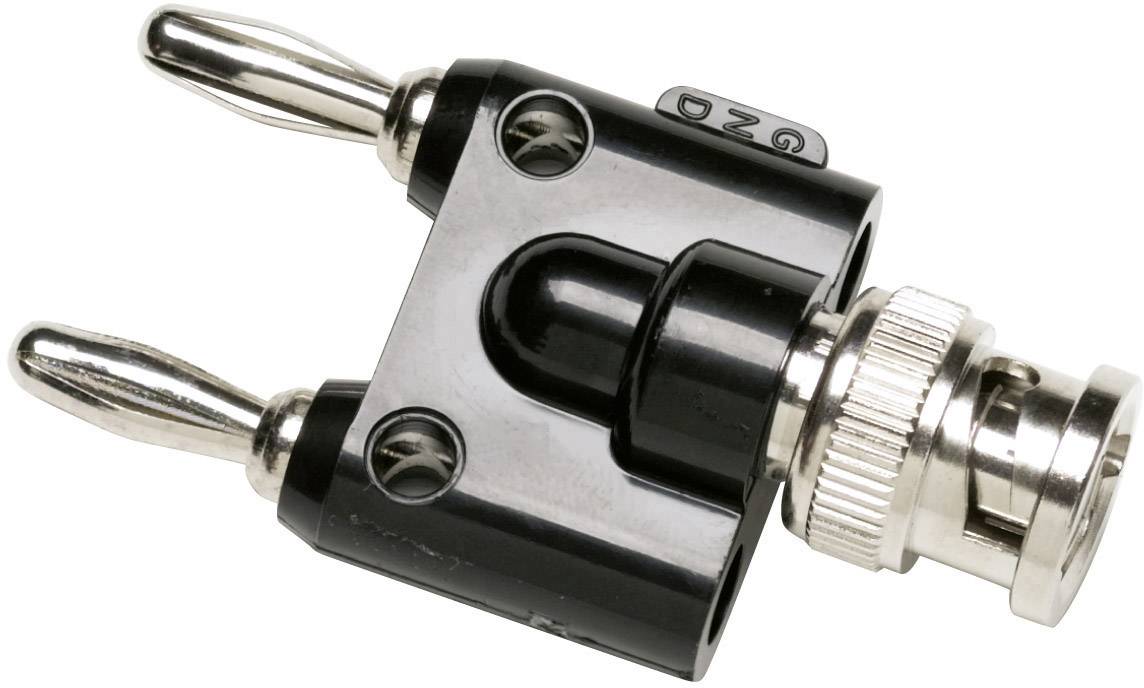 Black banana plug adapter with BNC connector, two metal contact pins, used for connecting audio devices.