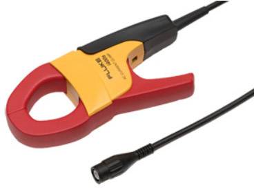 A clamp multimeter with a yellow and red handle. A black cable leads from the clamp to a connection plug.