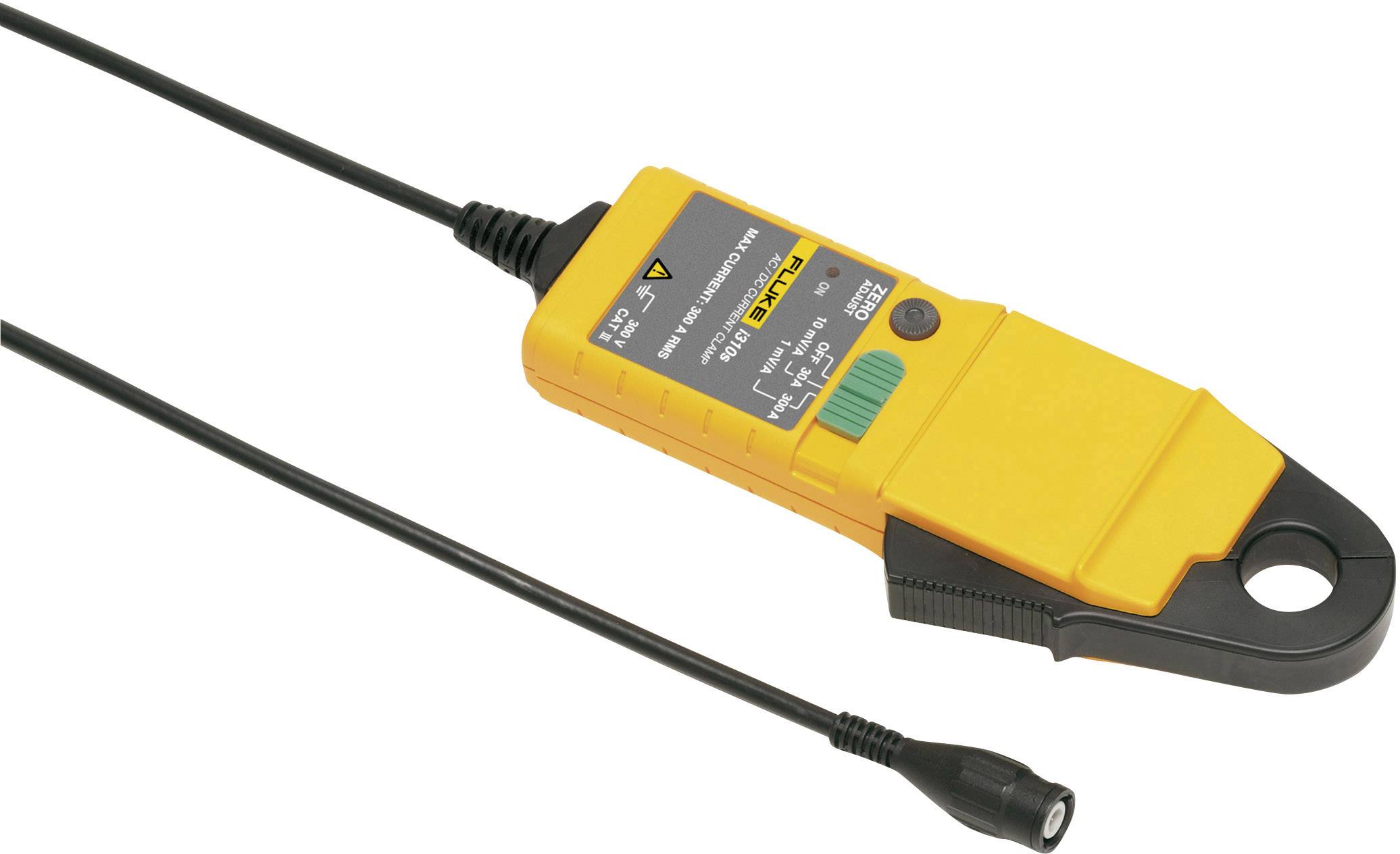 A yellow electrical current sensor with cable, suitable for measuring current in technical applications.