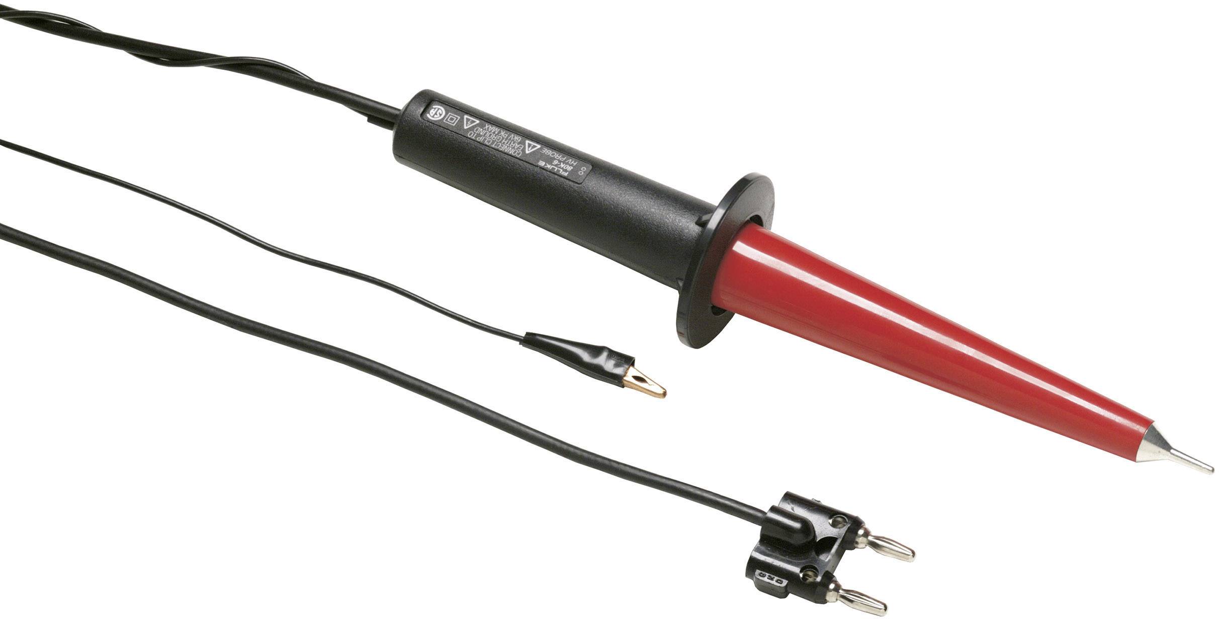 A red high-voltage test probe with a black handle and two cables, used for measuring in electrical circuits.