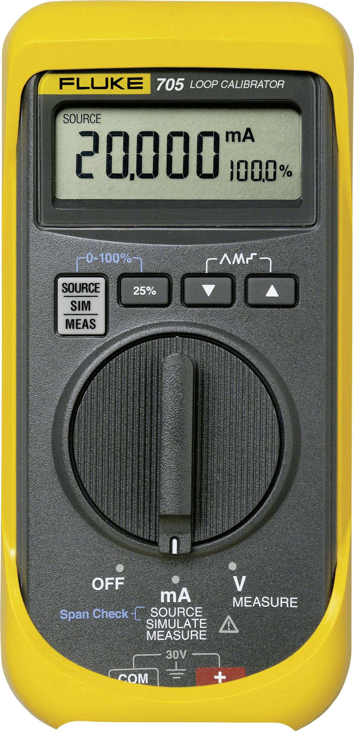 The 'Fluke 705 Loop Calibrator' is displaying '20.000 mA' on the screen. Yellow device with a black dial for measuring electrical signals.