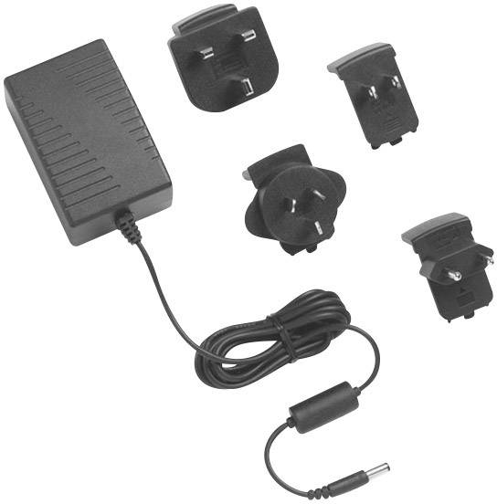 A power supply with four different plug adapters for international socket compatibility.