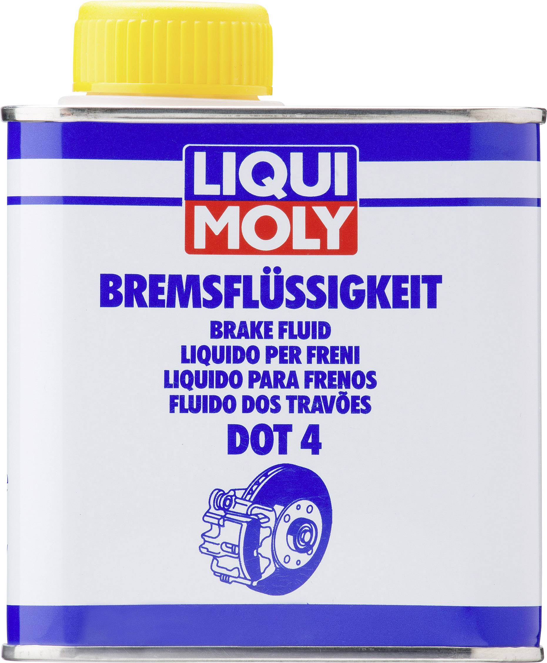White-blue brake fluid container by Liqui Moly with a yellow cap. Contains DOT 4 brake fluid.