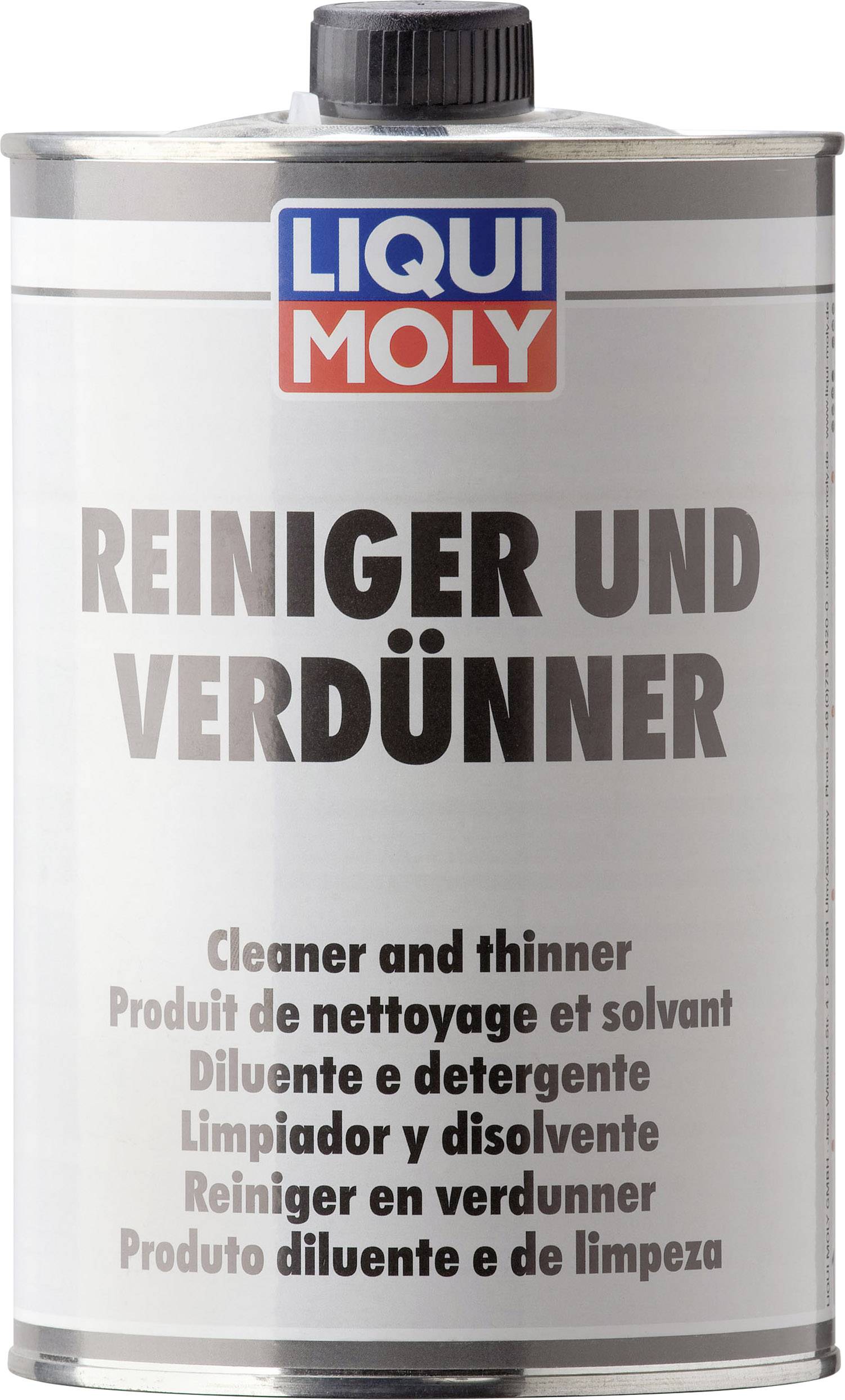 Metal tin with the label 'Cleaner and Thinner' by Liqui Moly. Contains cleaning solution, multilingual labelling.