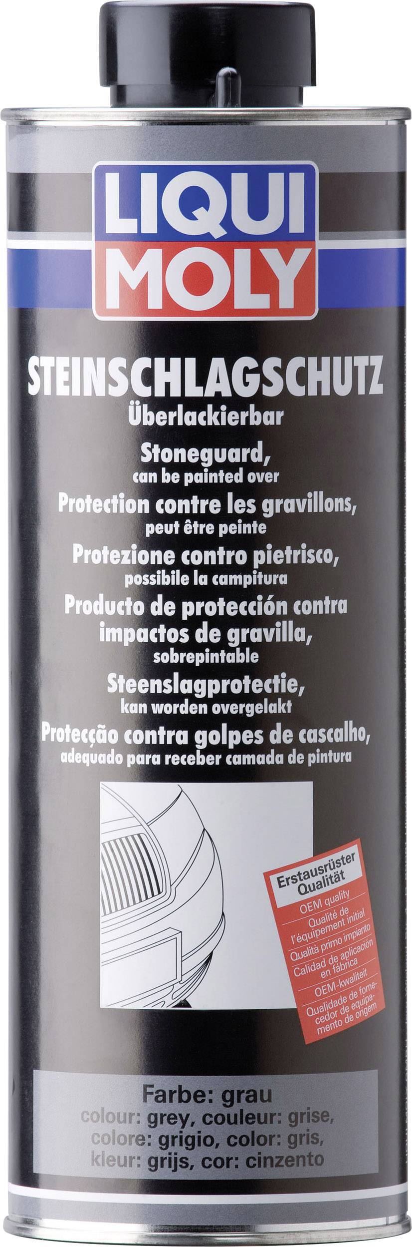 Non-toxic stone chip protection by Liqui Moly in grey, paintable. For protecting vehicle underbodies against stone chipping.
