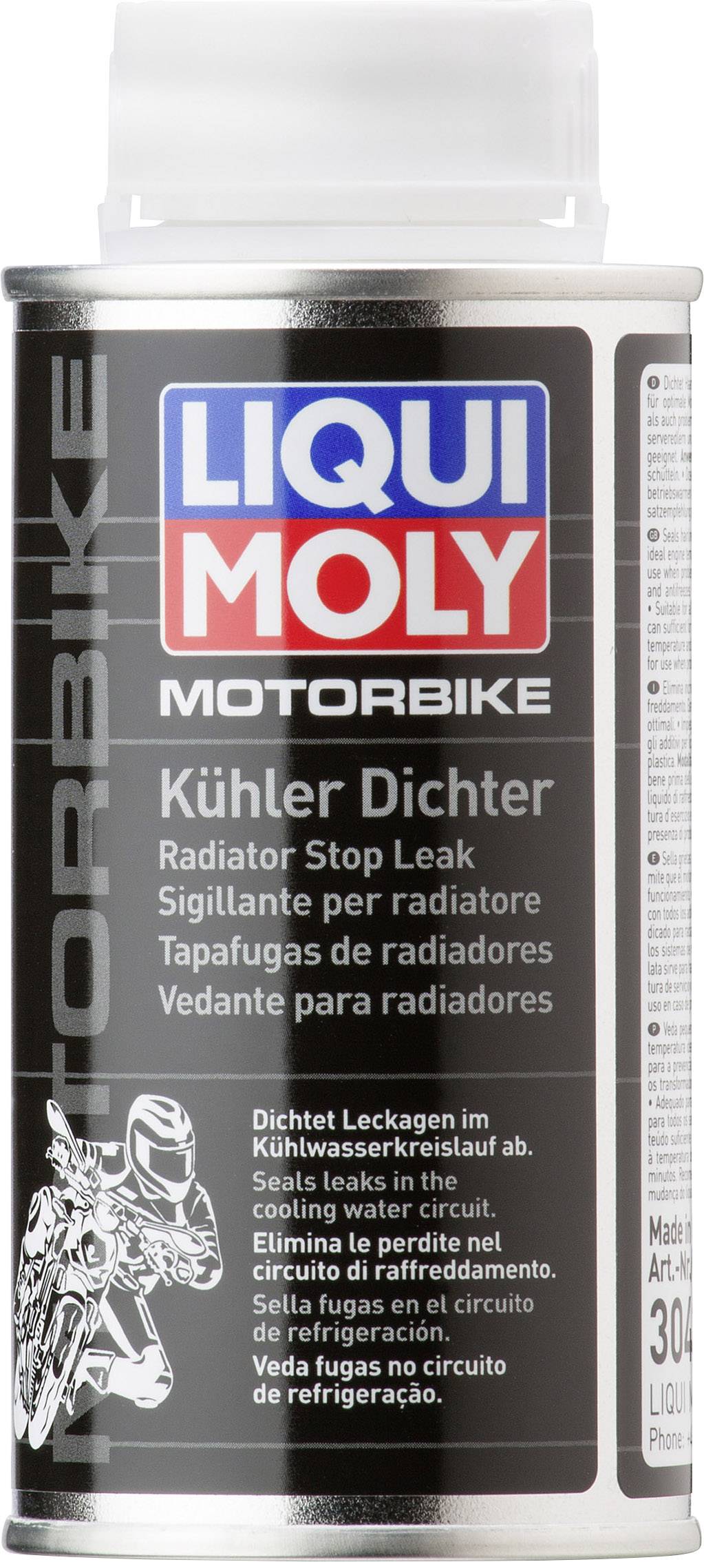 Tin of 'Liqui Moly Motorcycle Radiator Sealant', a sealing agent for motorcycle cooling systems that seals leaks in the cooling circuit.