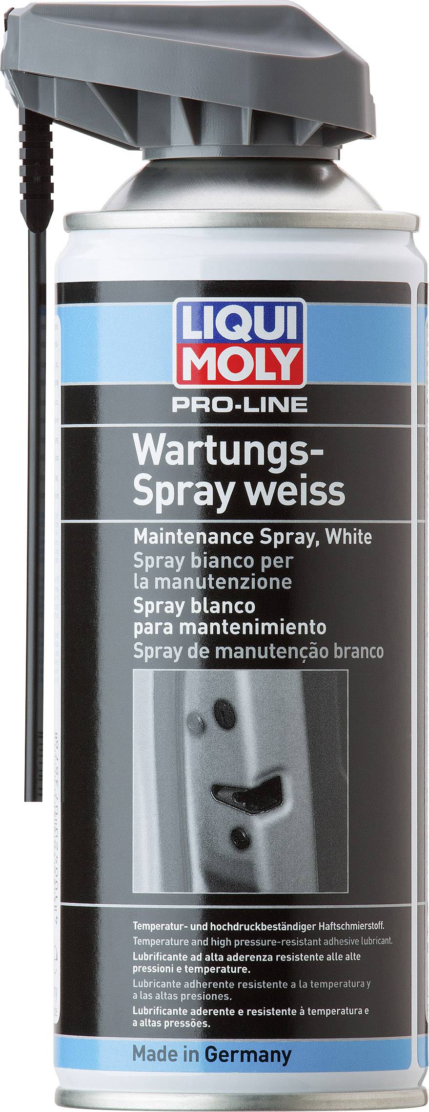 Spray can of 'Liqui Moly Pro-Line Maintenance Spray White'. Provides support for maintenance tasks, suitable for various materials.