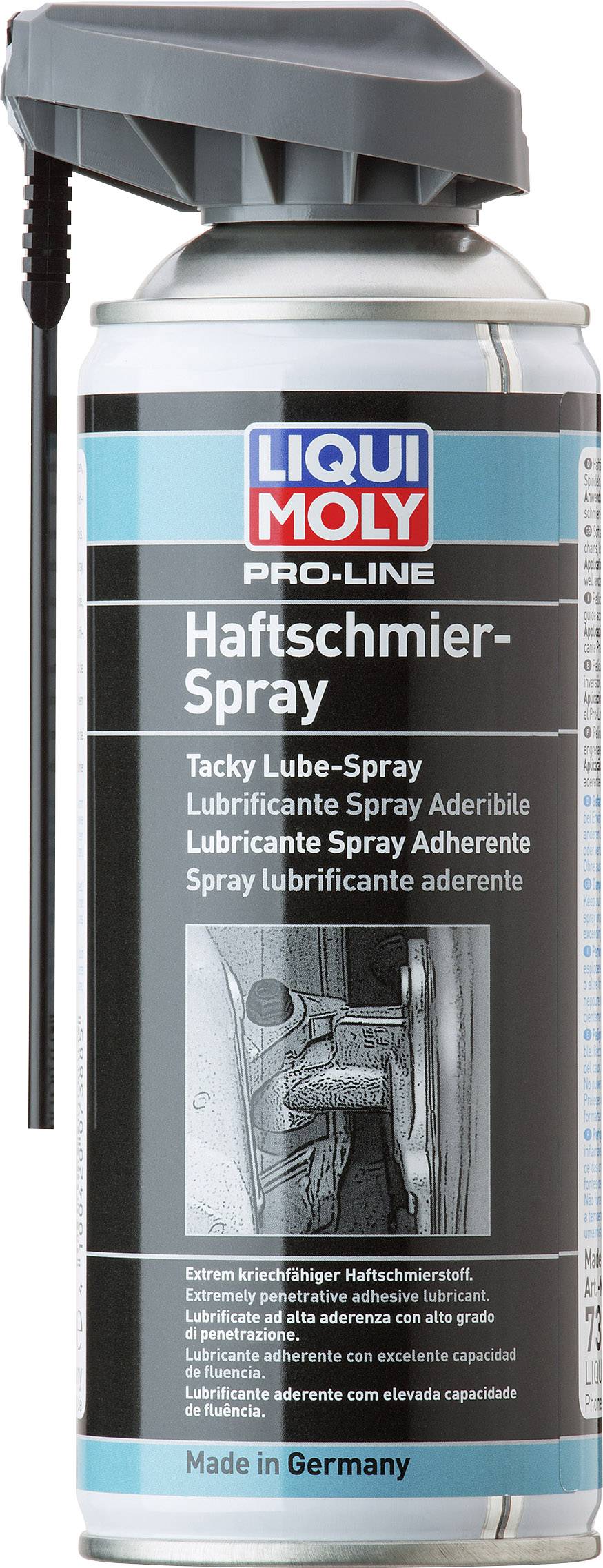 A can of 'Liqui Moly Pro-Line Adhesive Lubricant Spray', a lubricant for machines and tools, with applicator and product printing.