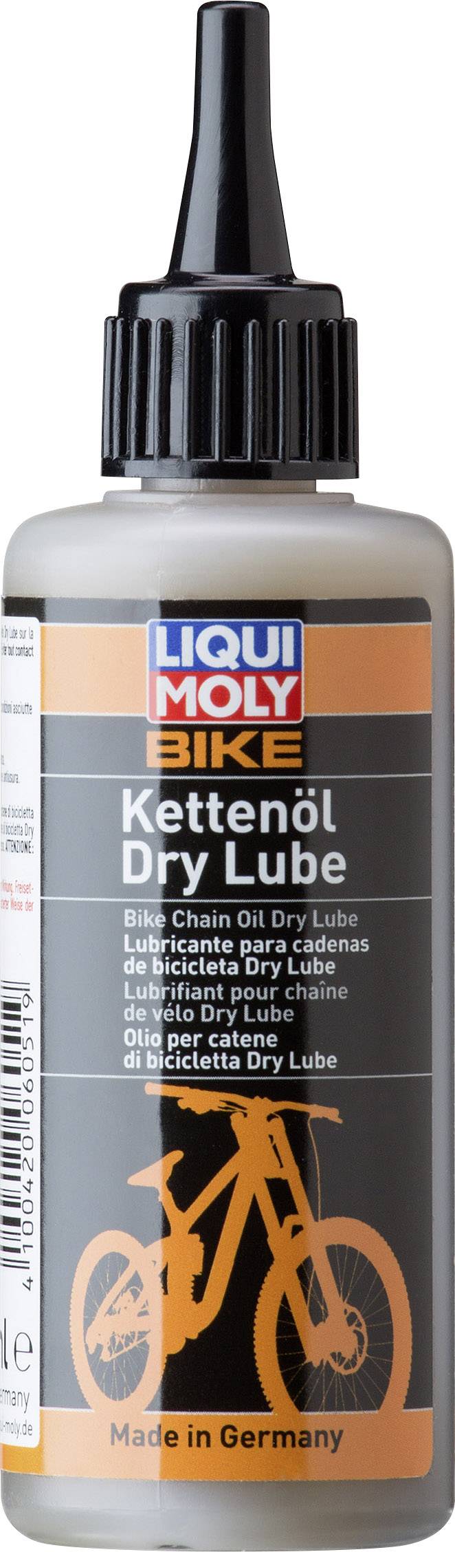 Tin of 'Liqui Moly Bike Chain Oil Dry Lube', suitable for dry maintenance of bicycle chains. Manufactured in Germany.