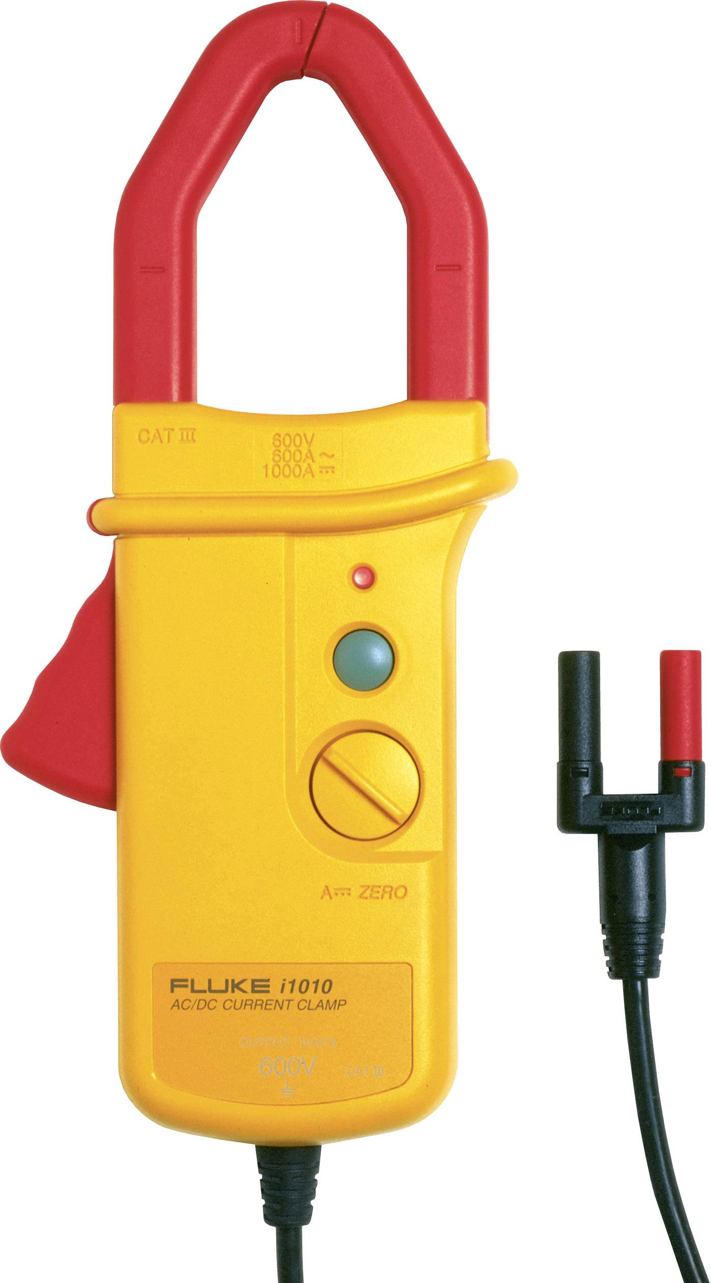A yellow-red current measuring device with crocodile clip and measuring cable. Model: Fluke i1010 for alternating current measurements up to 1000A.