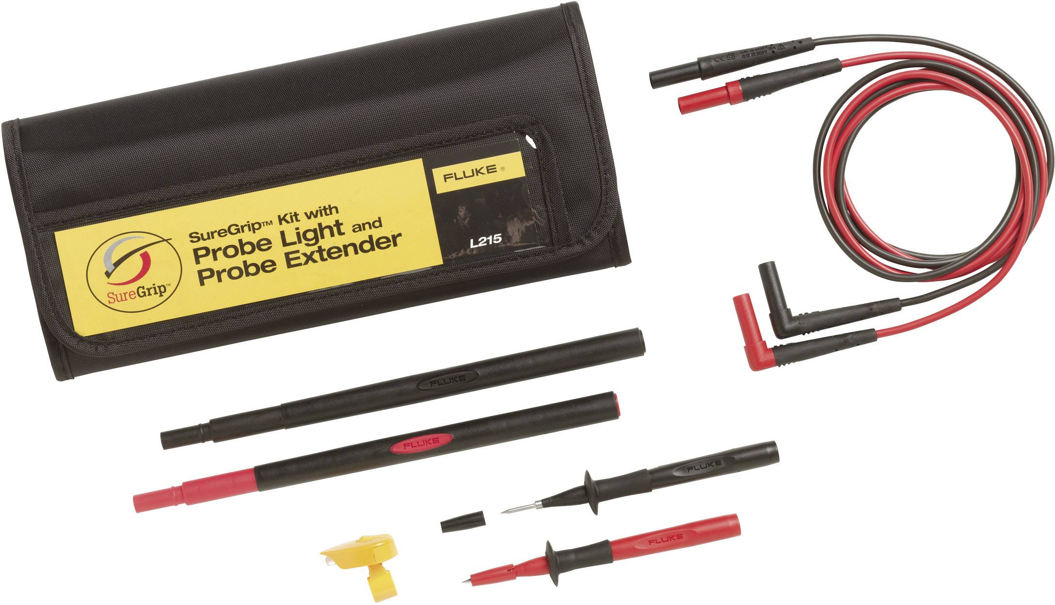 Electrical measurement kit comprising test leads, test light, extensions and carrying case. Marked with 'SureGrip' and 'Fluke'.