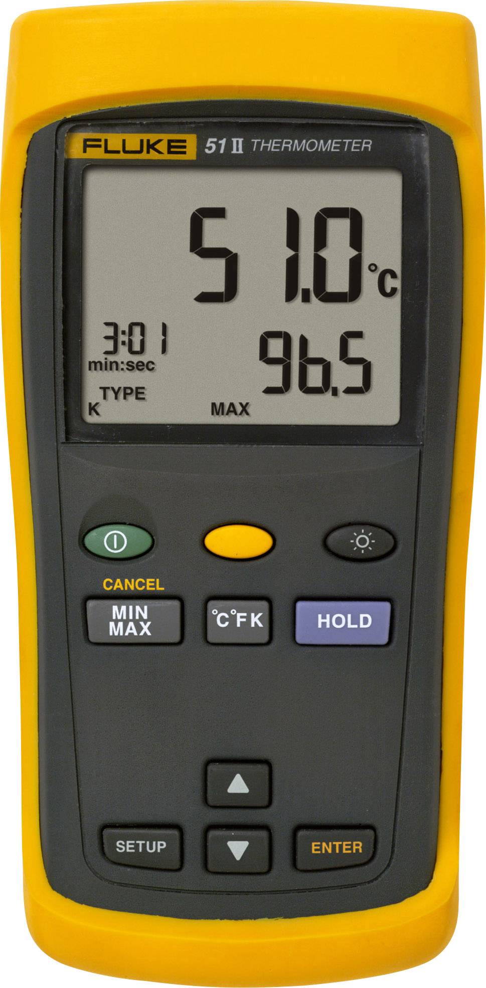 Digital thermometer shows 51.0°C and 96.5 on the display. It has buttons for settings and functions such as 'MIN MAX' and 'HOLD'.