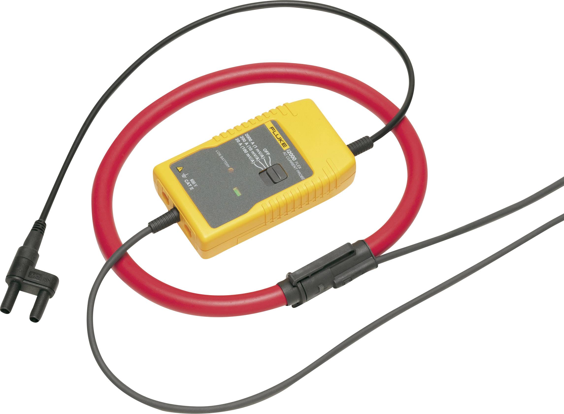 Measuring device with a yellow casing and red cable loop for current measurement, connection cable on the side.