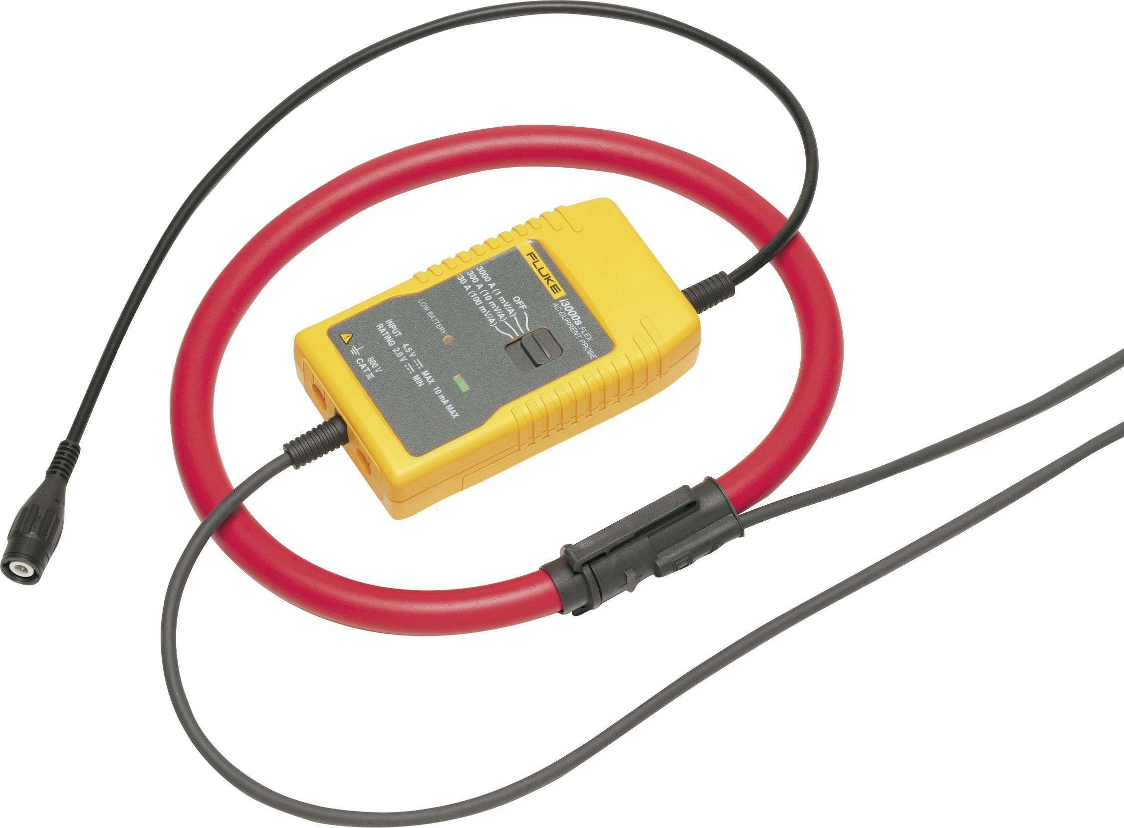 A yellow electrical testing device with a red cable and black terminals, typically used for measuring electrical currents.