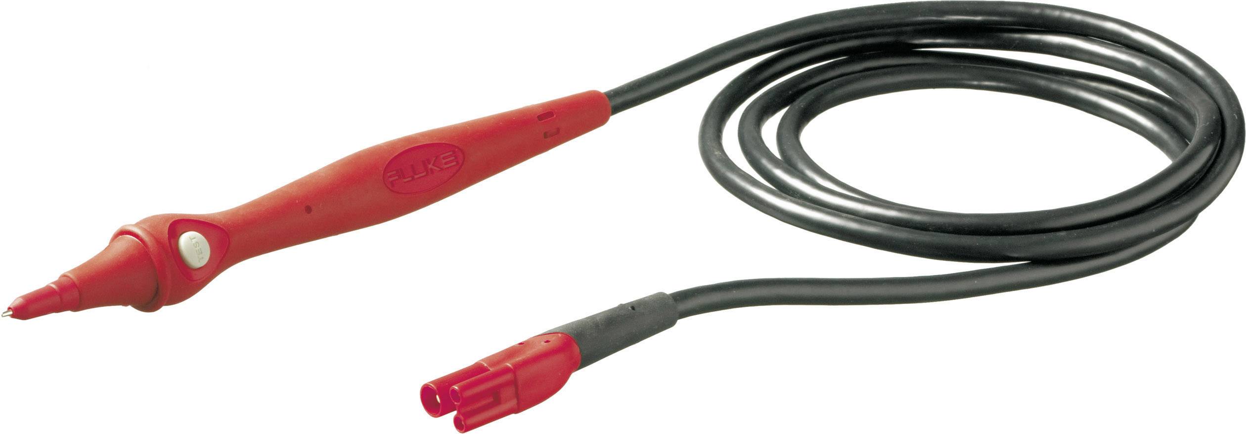 A red test lead cable used in electronics for measuring voltage or current, with a coaxial connector.