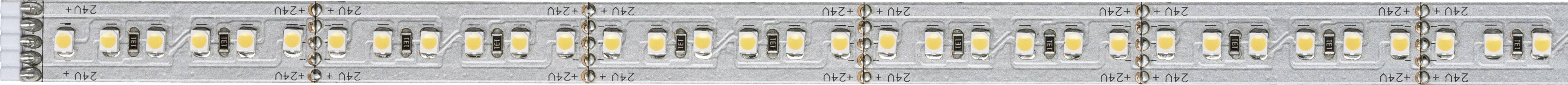 Close-up of a row of yellow LEDs on a silver circuit board. The LEDs are evenly arranged side by side.