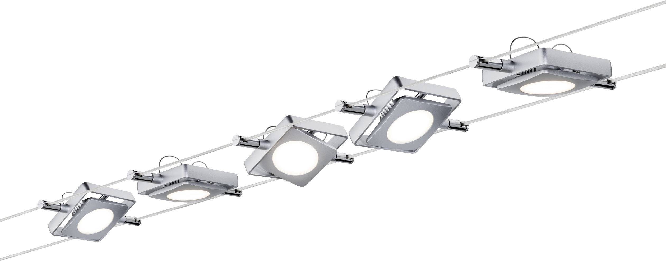 Modern ceiling light with five adjustable square LED spots on a rail, manufactured from silver-coloured metal.