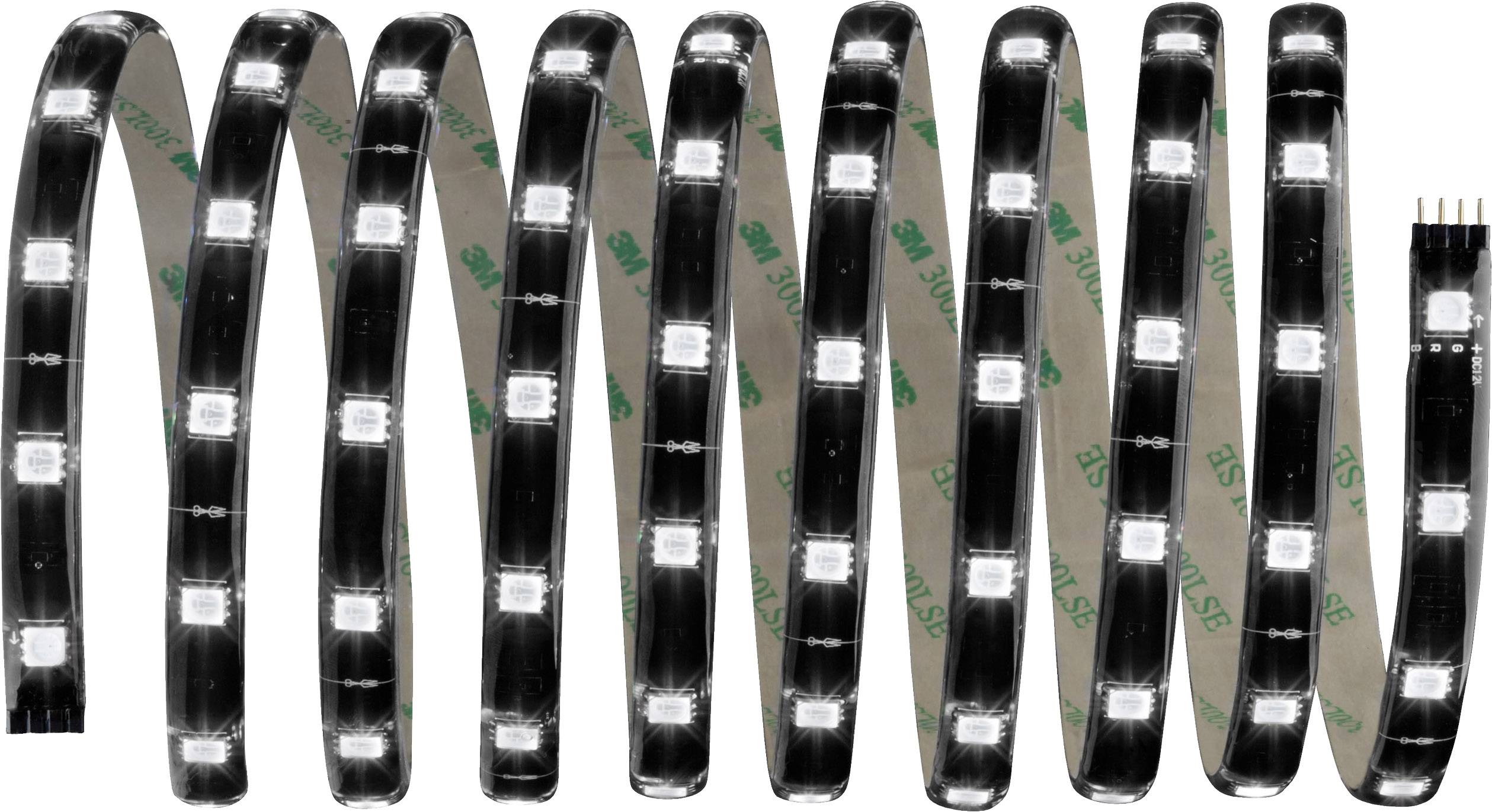 LED light strip in spiral form, rolled up with visible connection point on the right; illuminated LED diodes at regular intervals.
