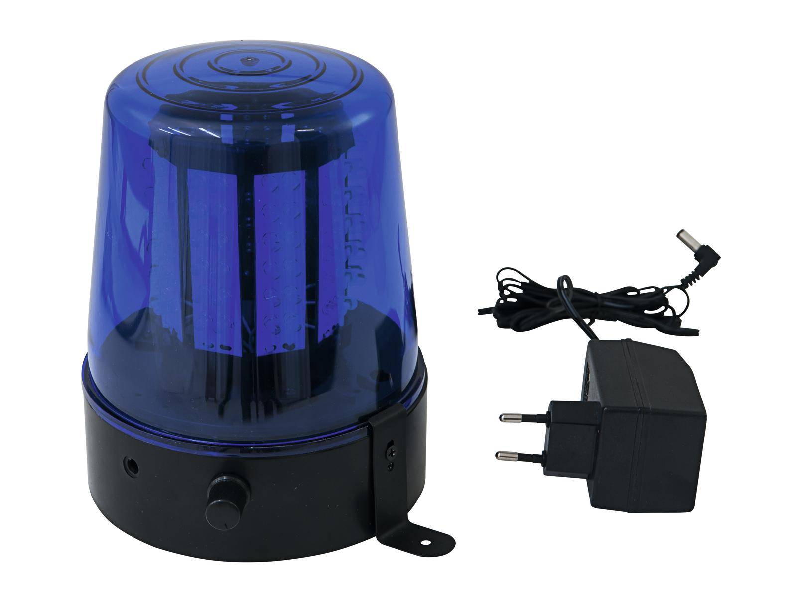 A blue all-round light with a black base next to a black power supply with cable on a white background.