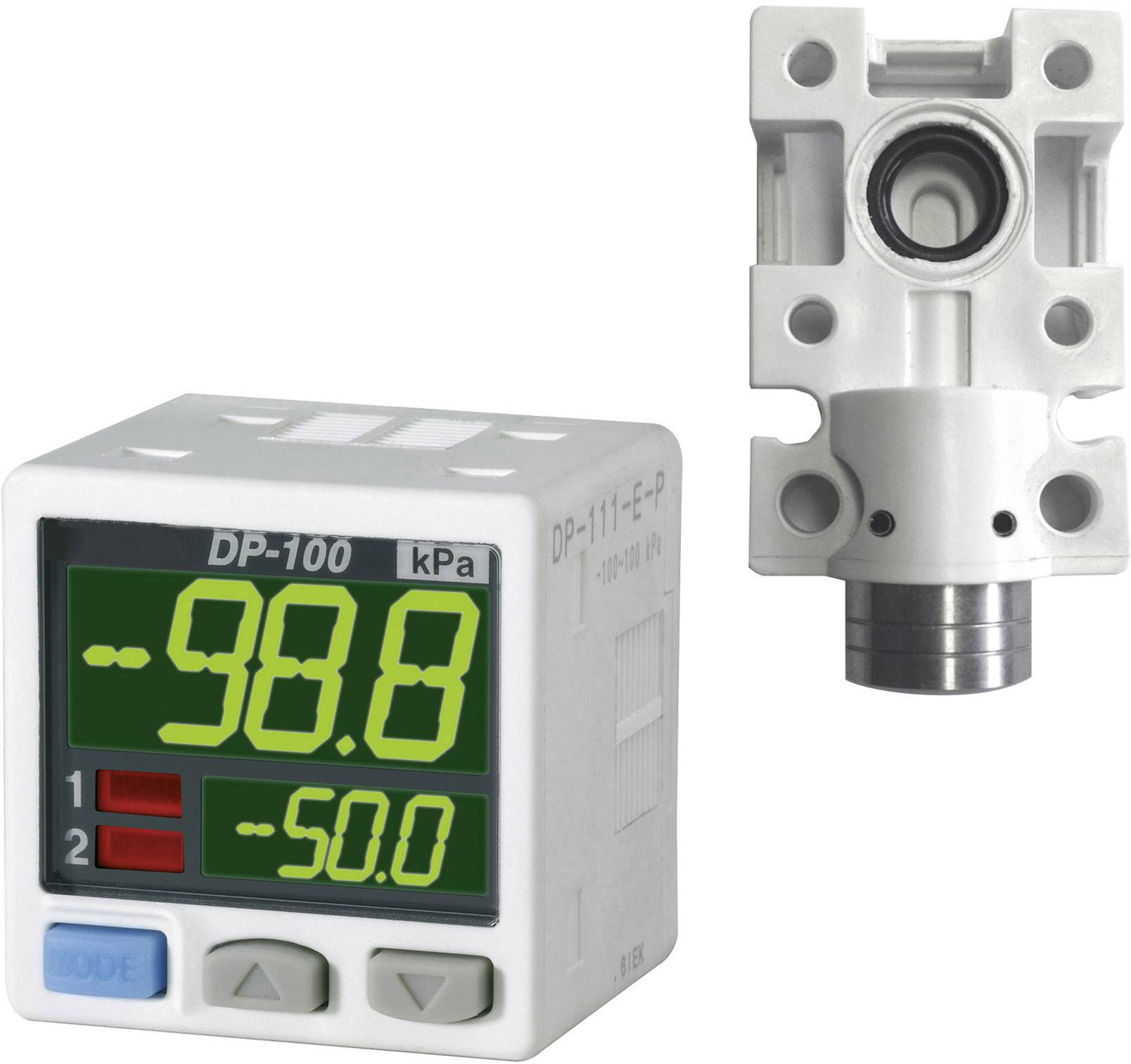 Digital pressure gauge with LCD display showing '-98.8 kPa', alongside a matching sensor. Suitable for precision pressure measurements.