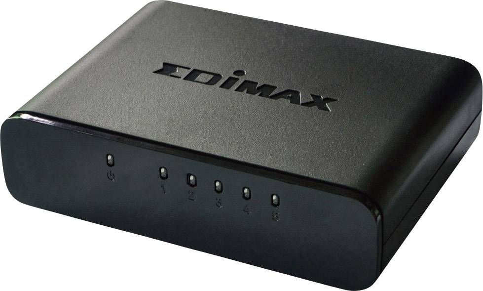 Black EDIMAX network switch with five Ethernet ports. Suitable for connecting multiple devices in a local network.