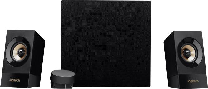 Two black speakers and a subwoofer by Logitech, with volume control at the front.