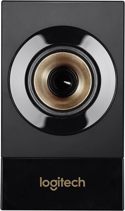 Black Logitech speaker with central driver in gold and black finish.