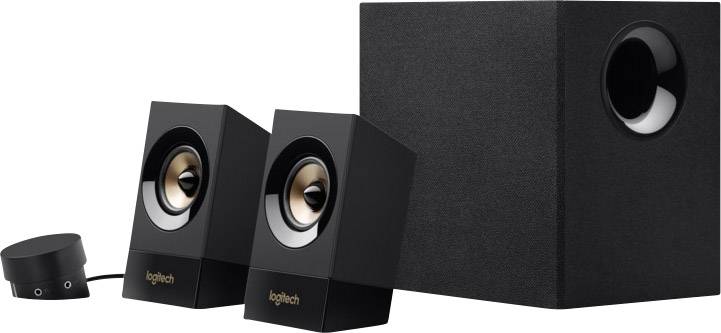 Black speaker system with two satellite speakers, subwoofer and volume control. Brand: Logitech.