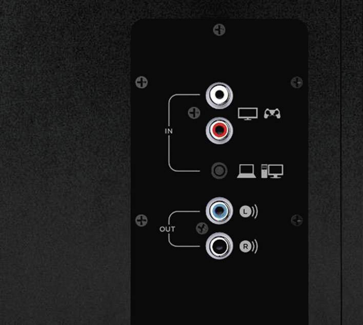 Black connection panel shows audio and video inputs and outputs. Symbols for TV, games console, and computer beside it.