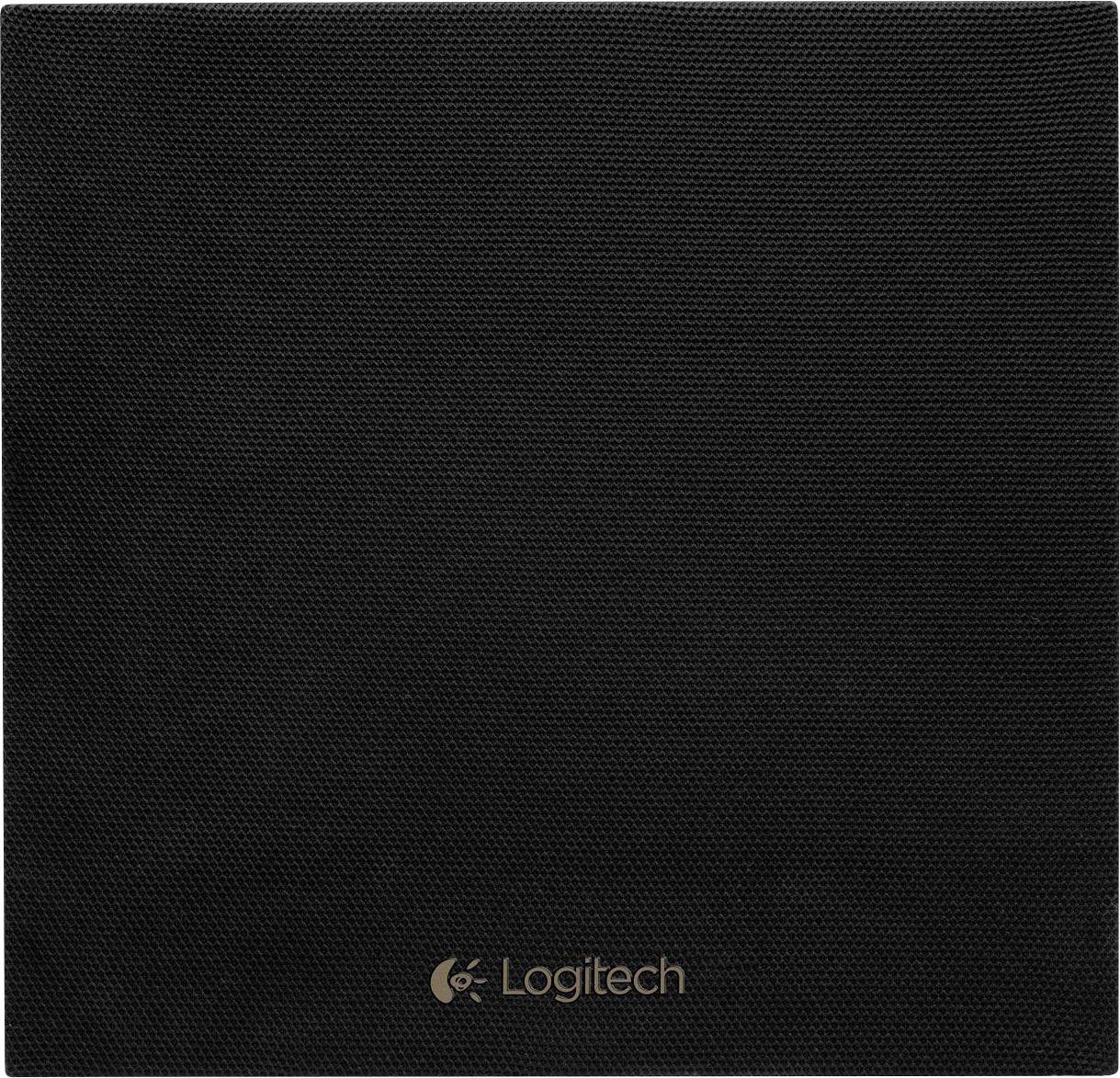 Black Logitech mouse mat with a woven texture, displaying the brand logo in the centre bottom.
