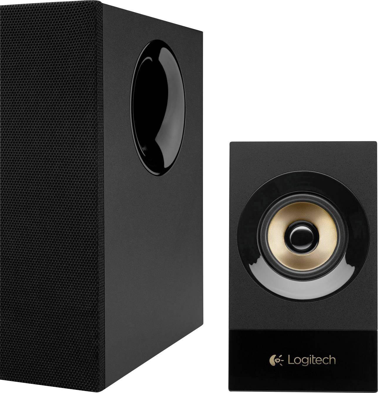 A pair of black speakers; on the left, a larger subwoofer, and on the right, a smaller speaker with a visible gold-coloured drive unit.