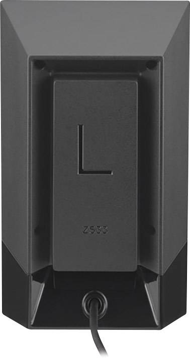 A speaker with a square design, black enclosure, and connected cable. Primarily used for audio output.