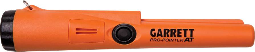 An orange metal detector, the 'Garrett Pro-Pointer AT' model, with a black button and labelling, lies on a surface.