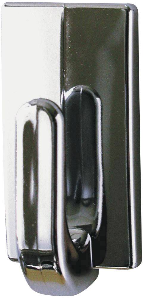 A chrome-plated wall hook with a rectangular base and curved hook; polished surface.