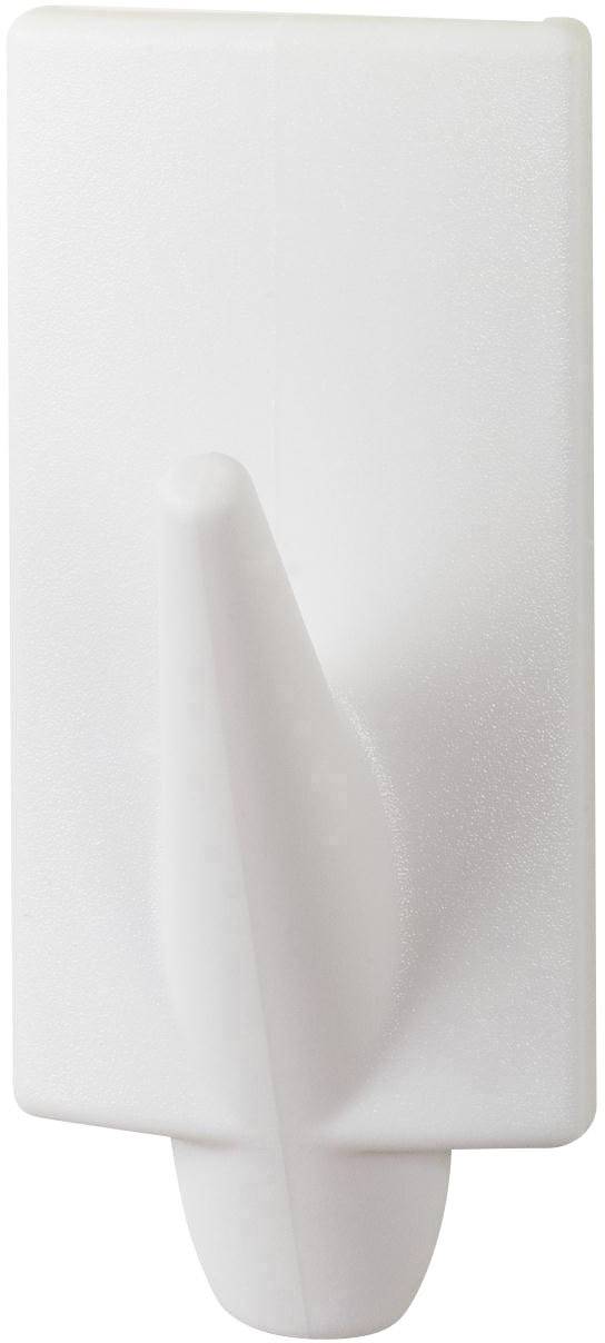 A white plastic hook with rounded edges, used for hanging light objects on walls.