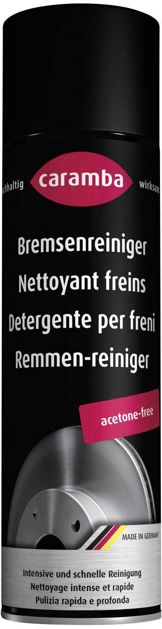 Tin of Caramba brake cleaner. The text describes the product as acetone-free and emphasises its intensive, rapid cleaning properties.
