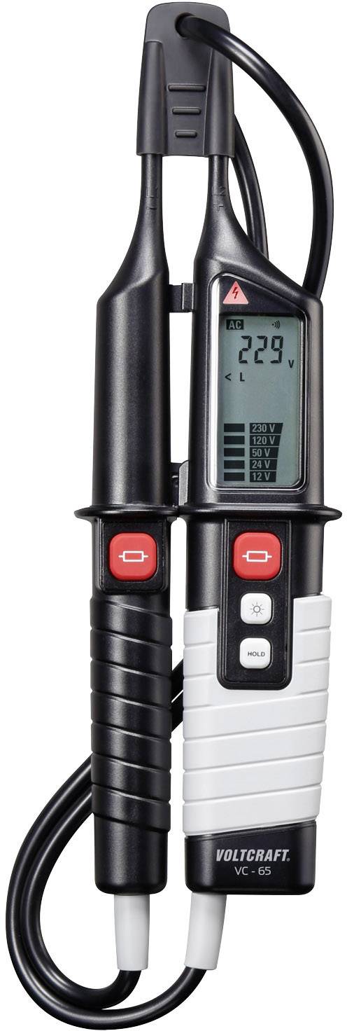 An electrical voltage tester with a digital display showing '229'. Two long handles and cables are visible.