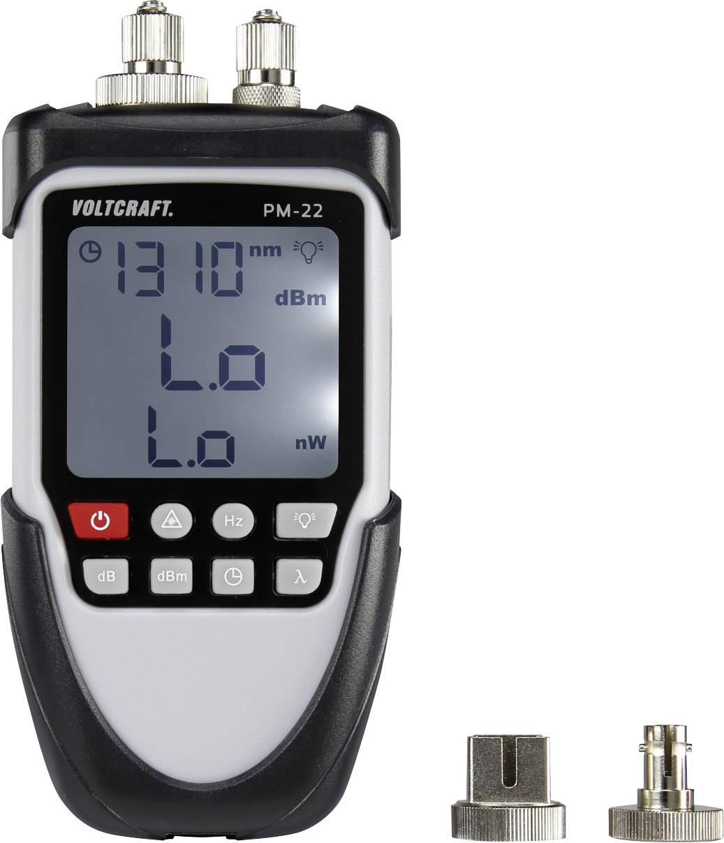 Digital performance measuring device displaying '1310 nm' and 'L.o'. The device has several buttons at the bottom and two socket connections at the top. Two detachable adapters are situated beside it.