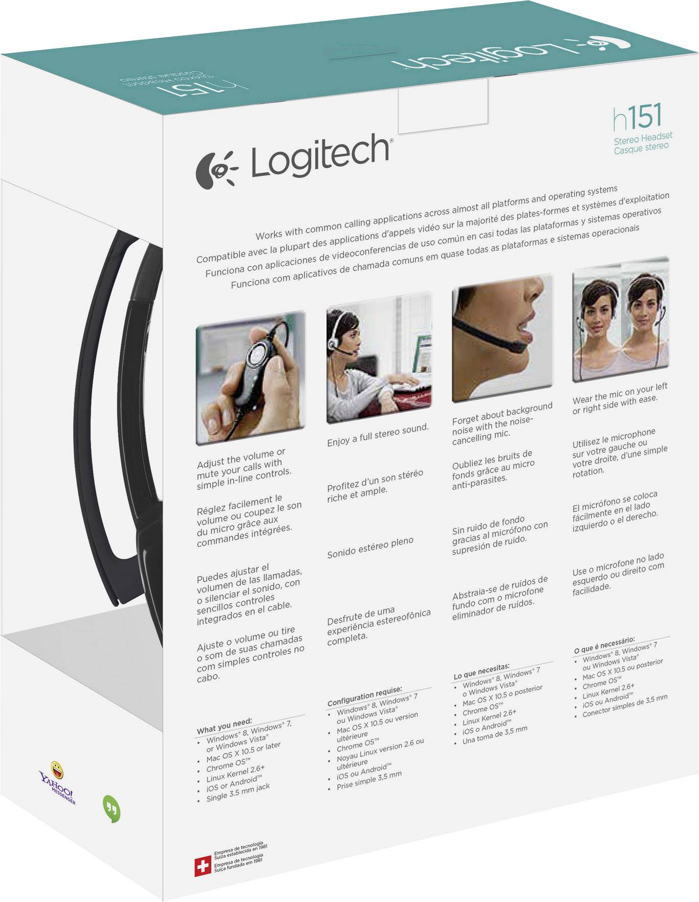 The packaging of a Logitech H151 stereo headset displays the product, key features, and specifications in multiple languages.