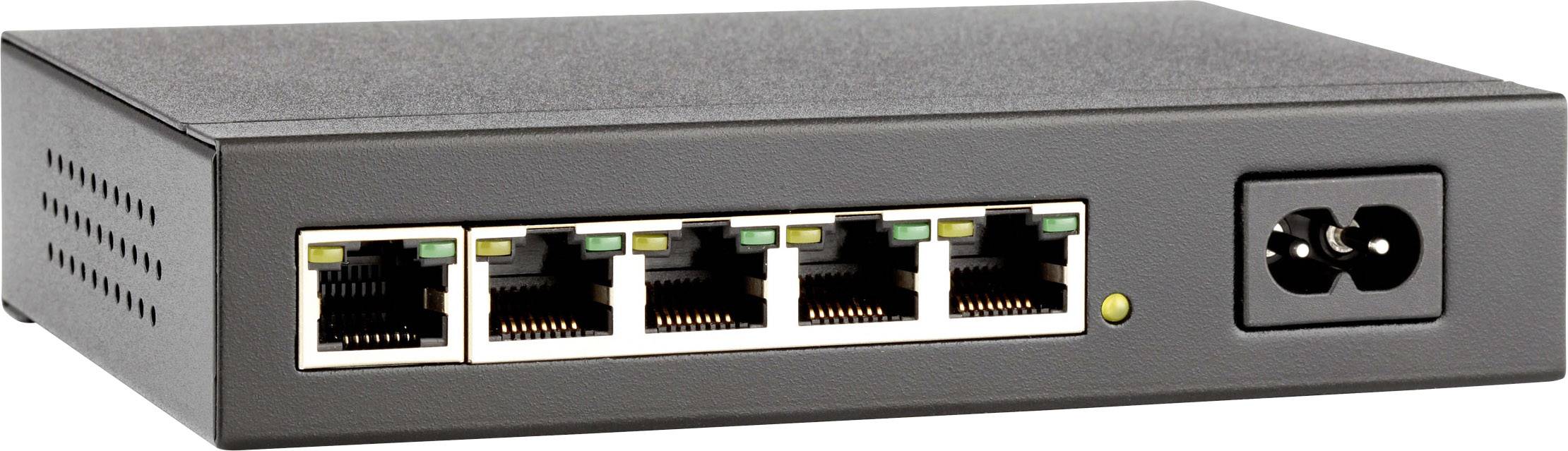 A network switch with five Ethernet ports and a power connection on the right-hand side.