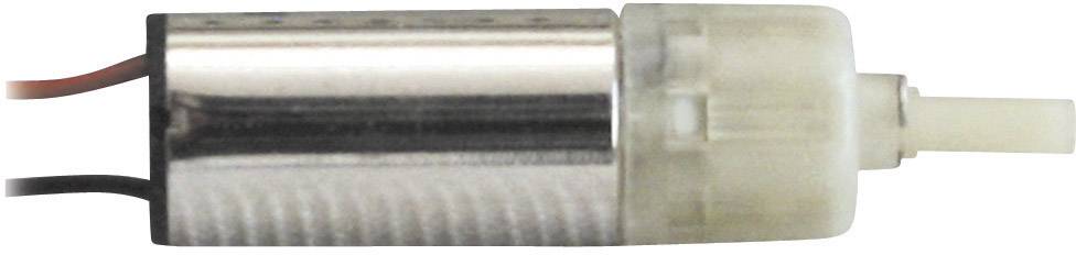 A small electric motor with a plastic gearbox and cables on the left side, commonly used in model building or small devices.
