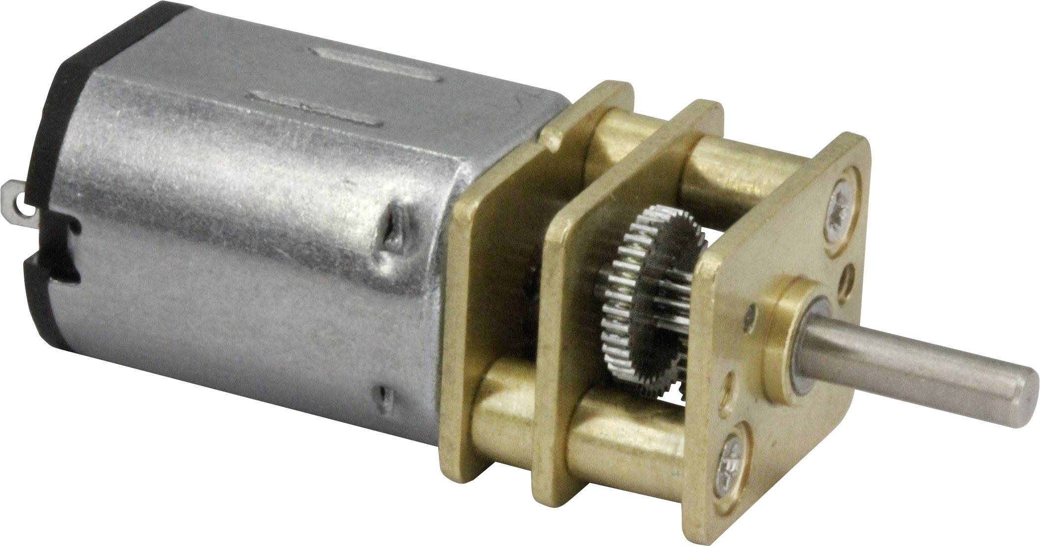 Small electric motor with metal gearbox and shaft, suitable for robotics or small mechanical projects.