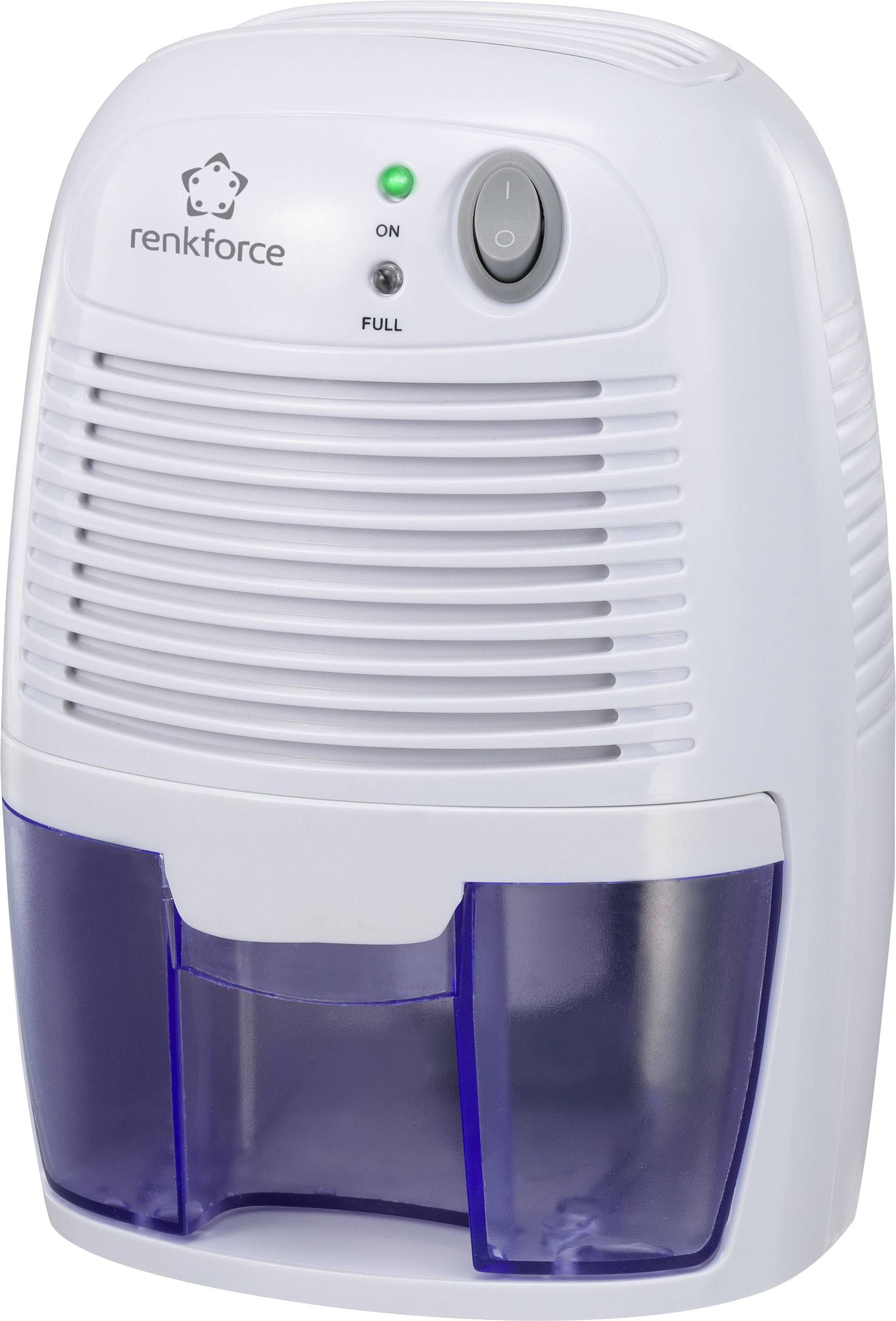 A white dehumidifier with a blue water tank, illuminated on/off switch, and 'renkforce' logo.