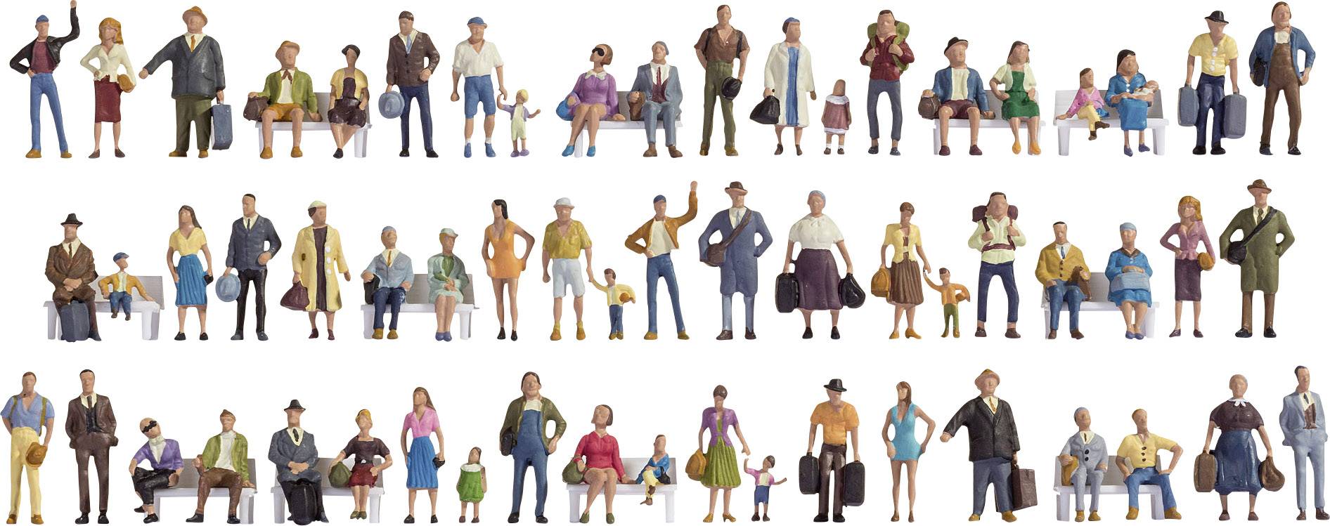 Various miniature figures of men, women, and children in different poses and outfits, representing diversity and everyday scenes.