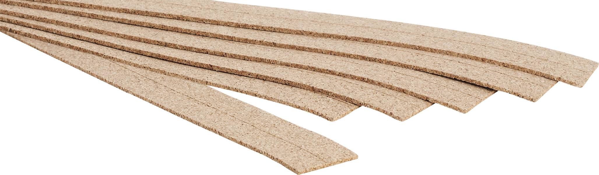 Six parallel, long cork strips are lying side by side.